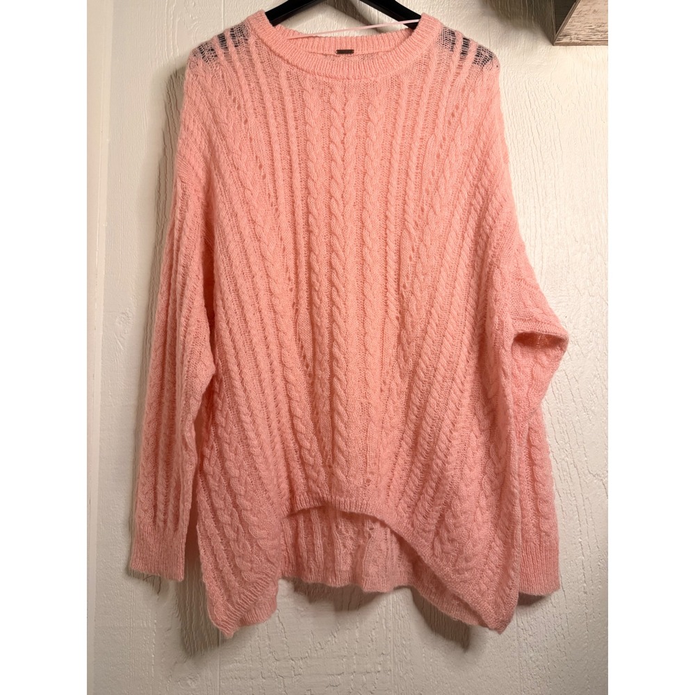Free People Peach Pink Cable Knit Oversized High Low Sweater Slouchy Boho